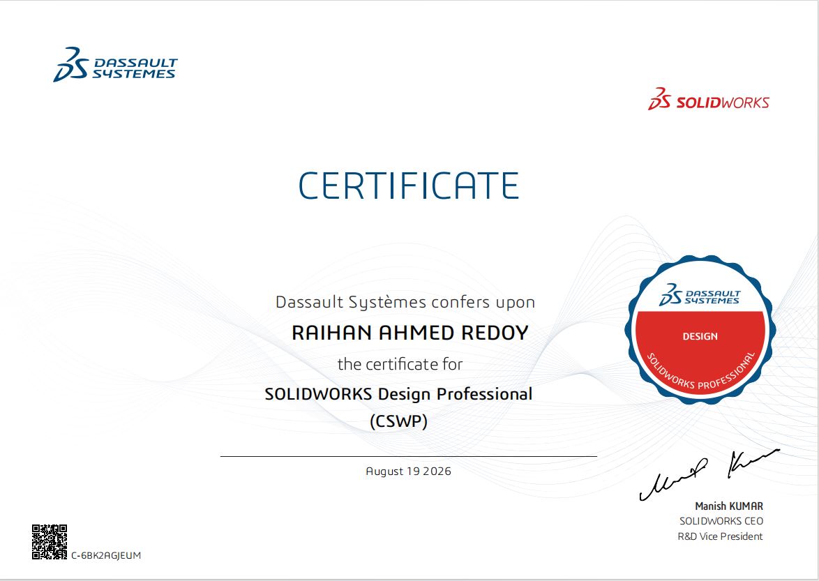 Certified SOLIDWORKS Professional (CSWP) certificate of Raihan Ahmed Redoy